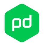 A green hexagon with the letters pd in it.