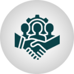 A white and black icon of two people shaking hands.